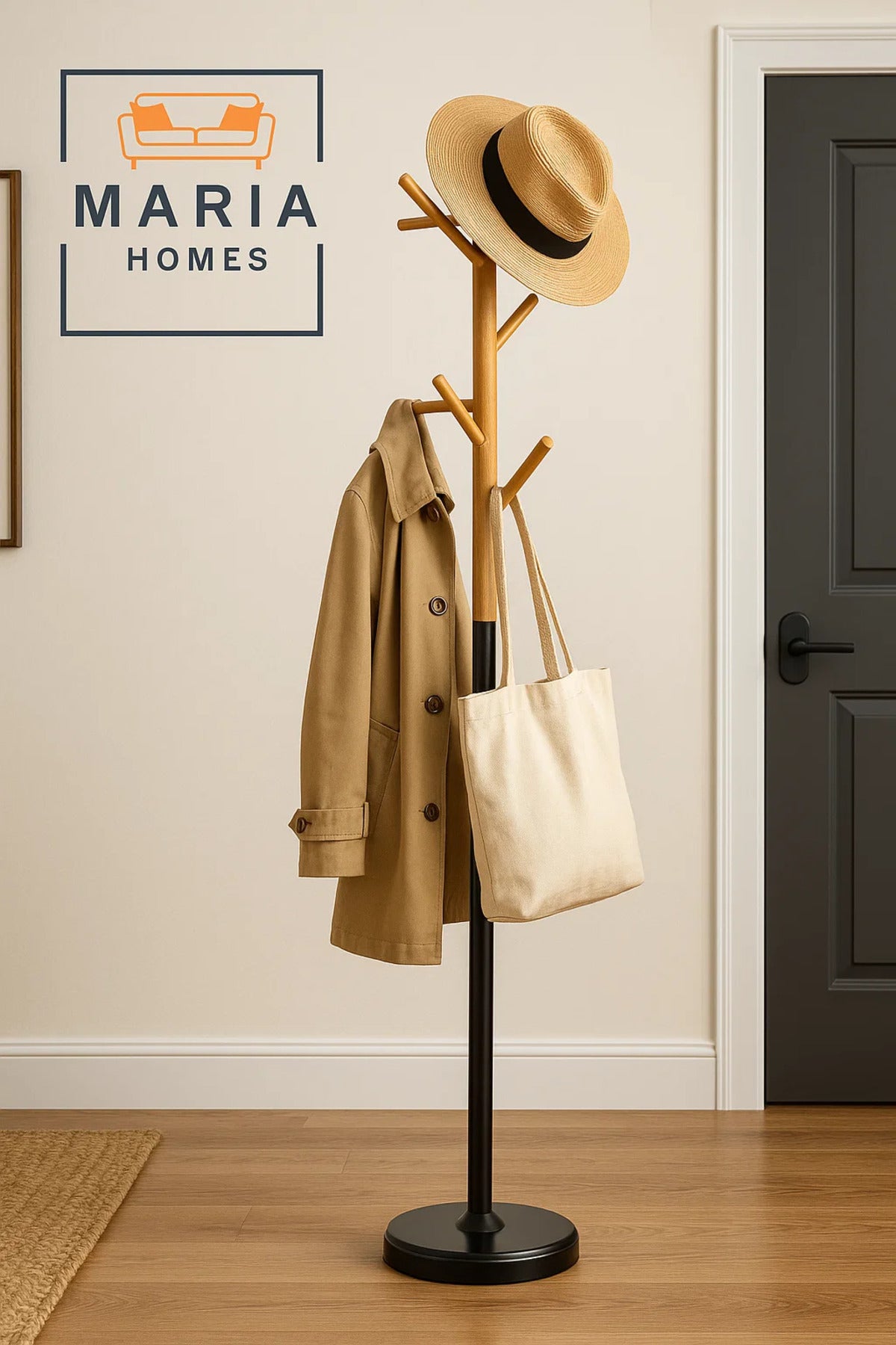 Wooden Tree-Style Coat Rack with Black Metal Base