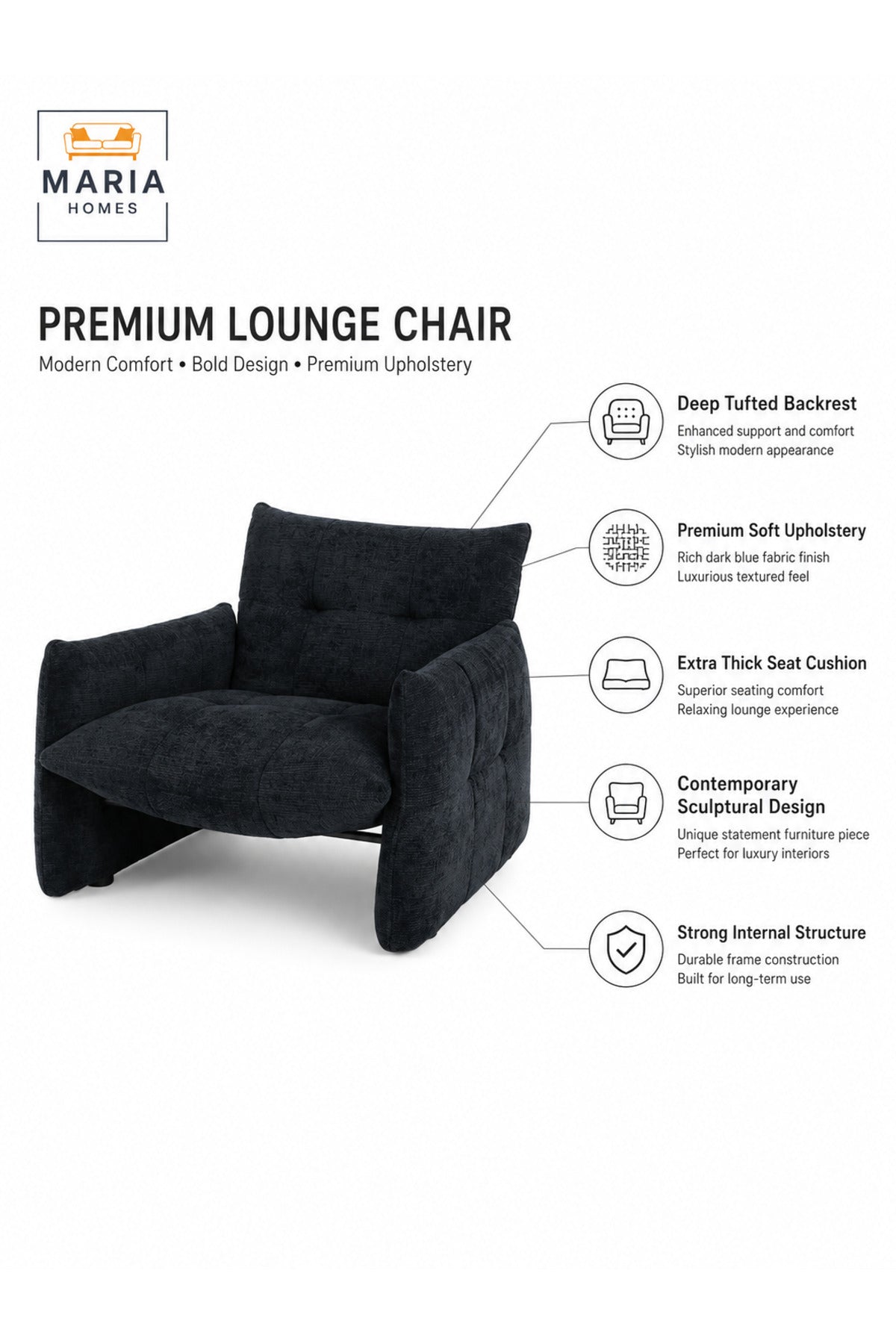 Modern Dark Blue Accent Chair Upholstered Lounge Armchair Comfortable Living Room Furniture