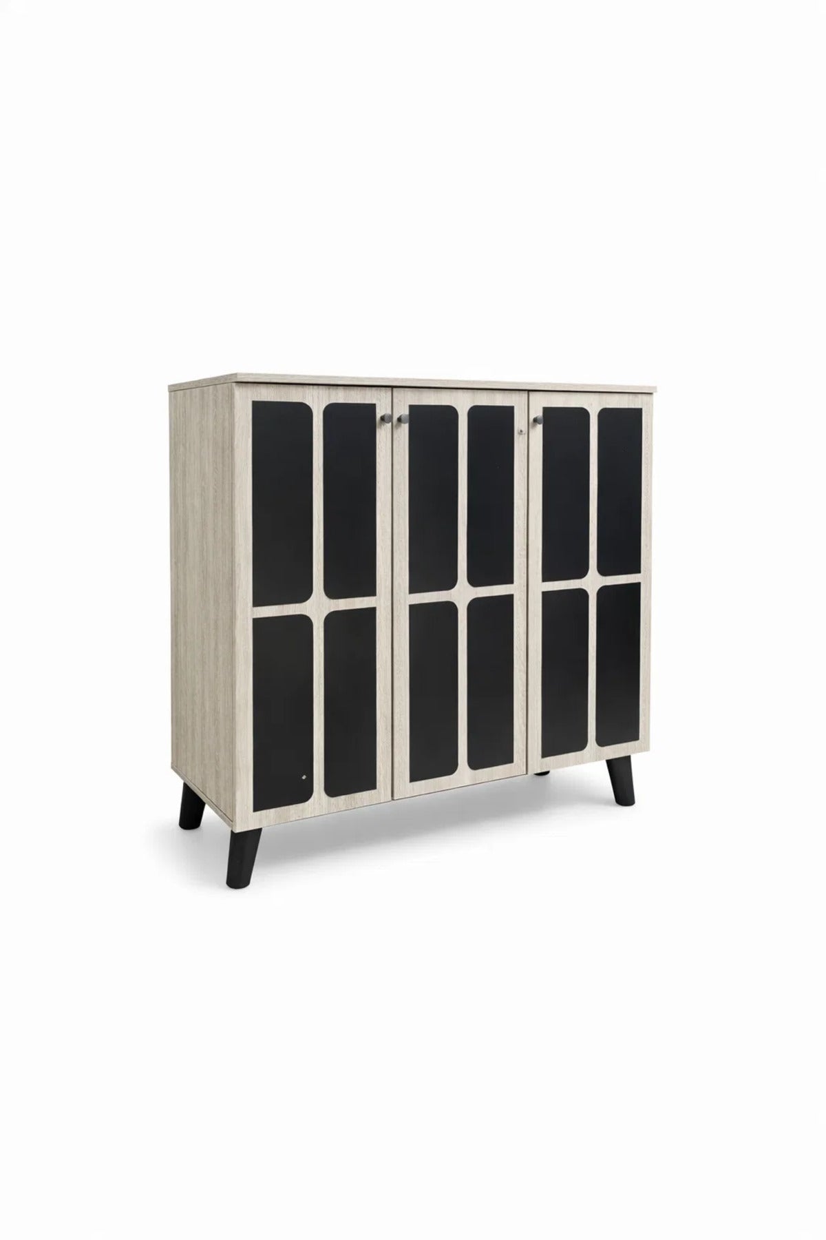 Stylish Beige and Black Shoe Cabinet Three Door Organizer Stand for Modern Entryway Home Decor