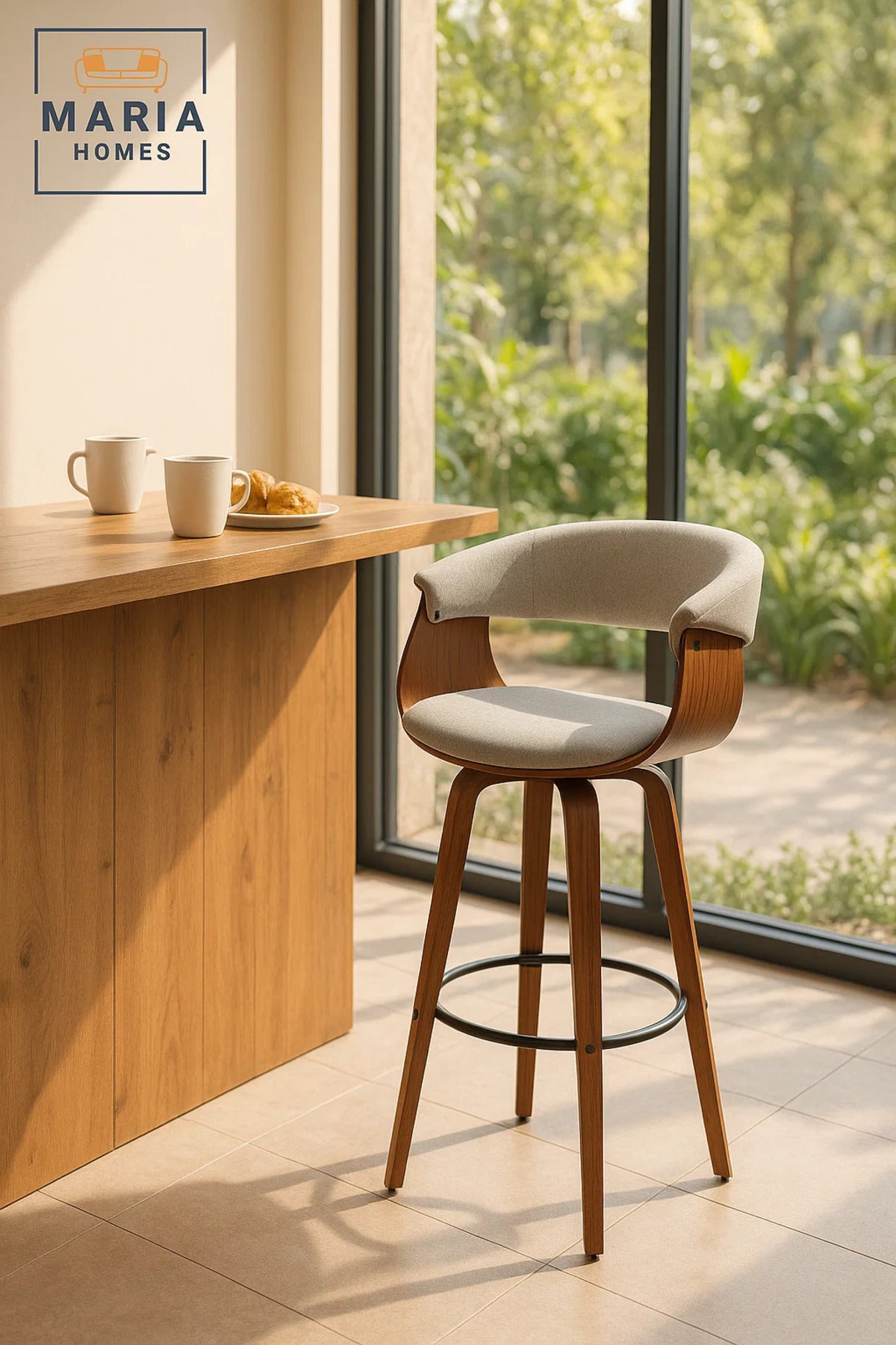 Swivel Bar Stool with Curved Wood Backrest, Metal Footrest for Kitchen & Counter