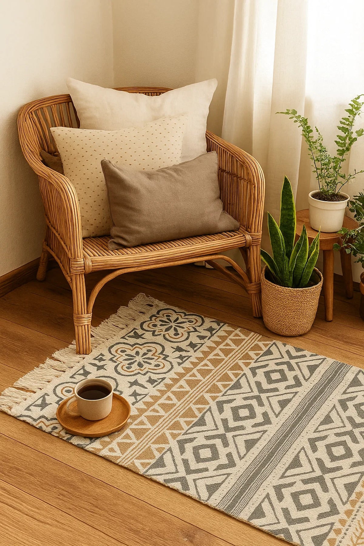 Boho Cotton Accent Rug with Multicolor Tribal Pattern and Fringe Ðsize 60*80 cm