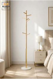 Modern Wooden Coat Rack with White Base and Gold Accent √ê Freestanding Clothes Stand, Entryway Organizer & Jacket Hanger