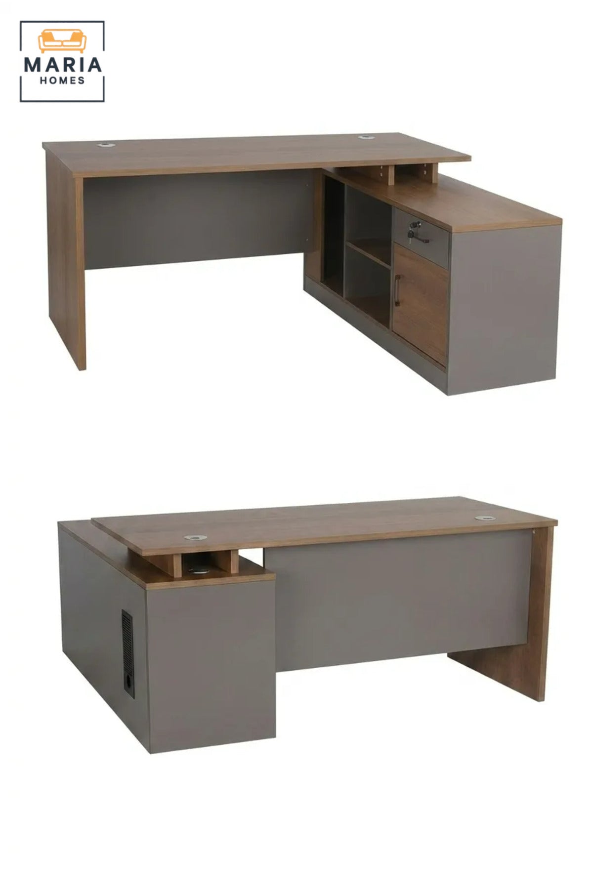 Modern Office Desk with Wooden Top, Side Storage Cabinet, Drawer and Open Shelves, Computer Workstation for Home Office, Study Room and Workplace