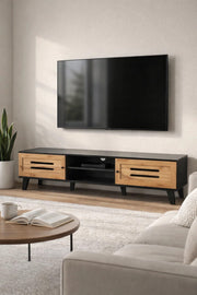 Modern Wooden TV Stand Black with Oak Front Panels 160 x 40 x 43 cm