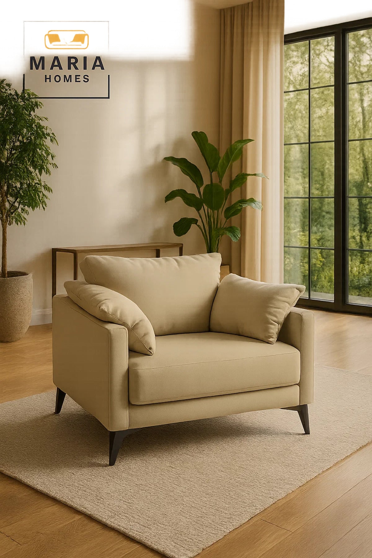Modern Beige Leather Armchair Ð Wide Seat with Pillow Armrests