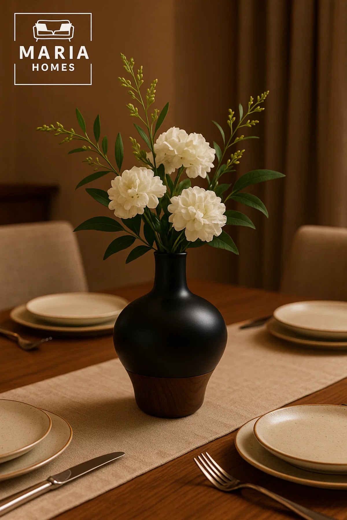 Modern Decorative Vase √ê Matte Black Flower Vase √ê Wood-Effect Home Decor Accessory