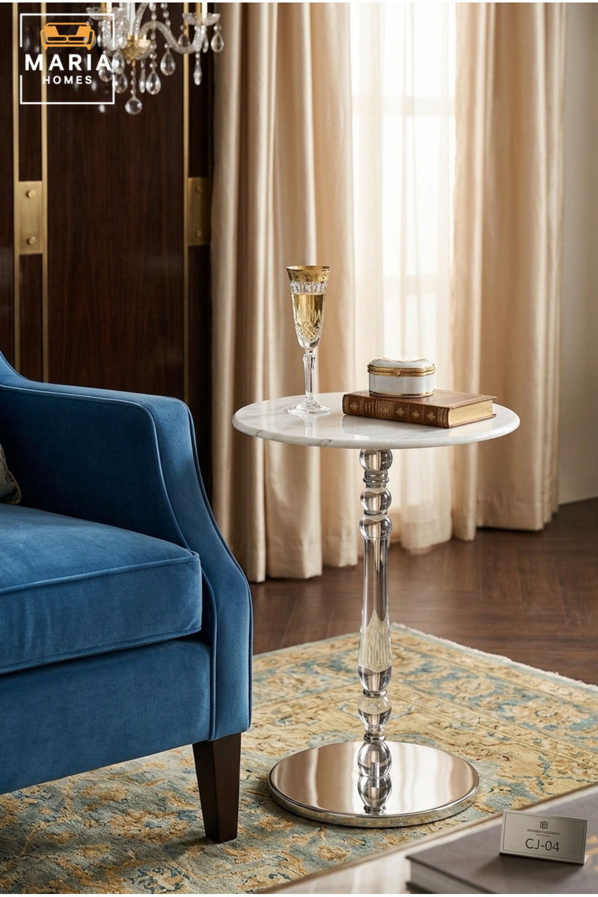 Modern Round Side Table with White Marble Top, Polished Silver Pedestal & Mirrored Base, Luxury Accent End Table for Living Room Bedroom Sofa Lounge