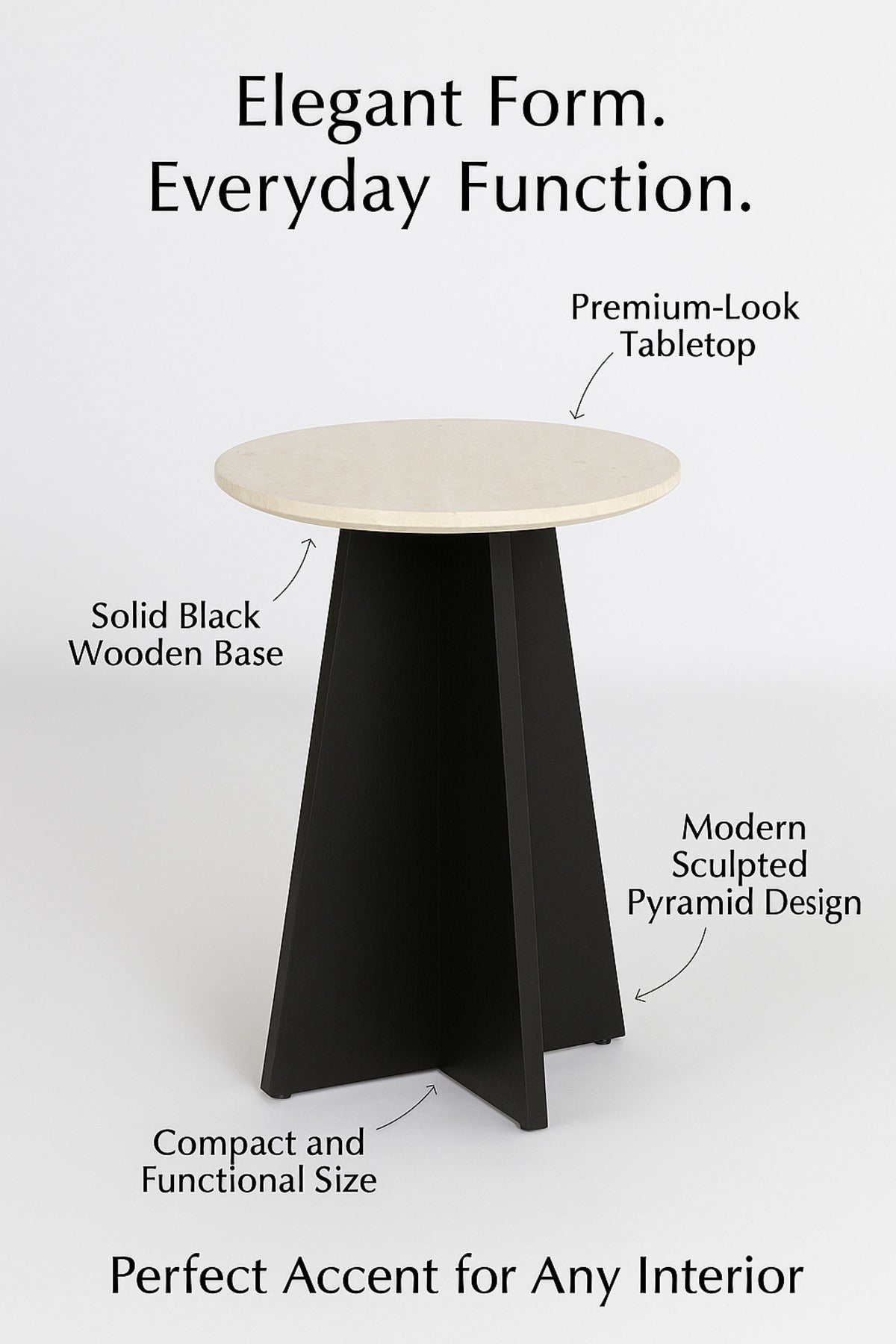 Round Marble Top Side Table with Black Wooden Base Ð Modern Accent Table for Living Room 45_55 cm