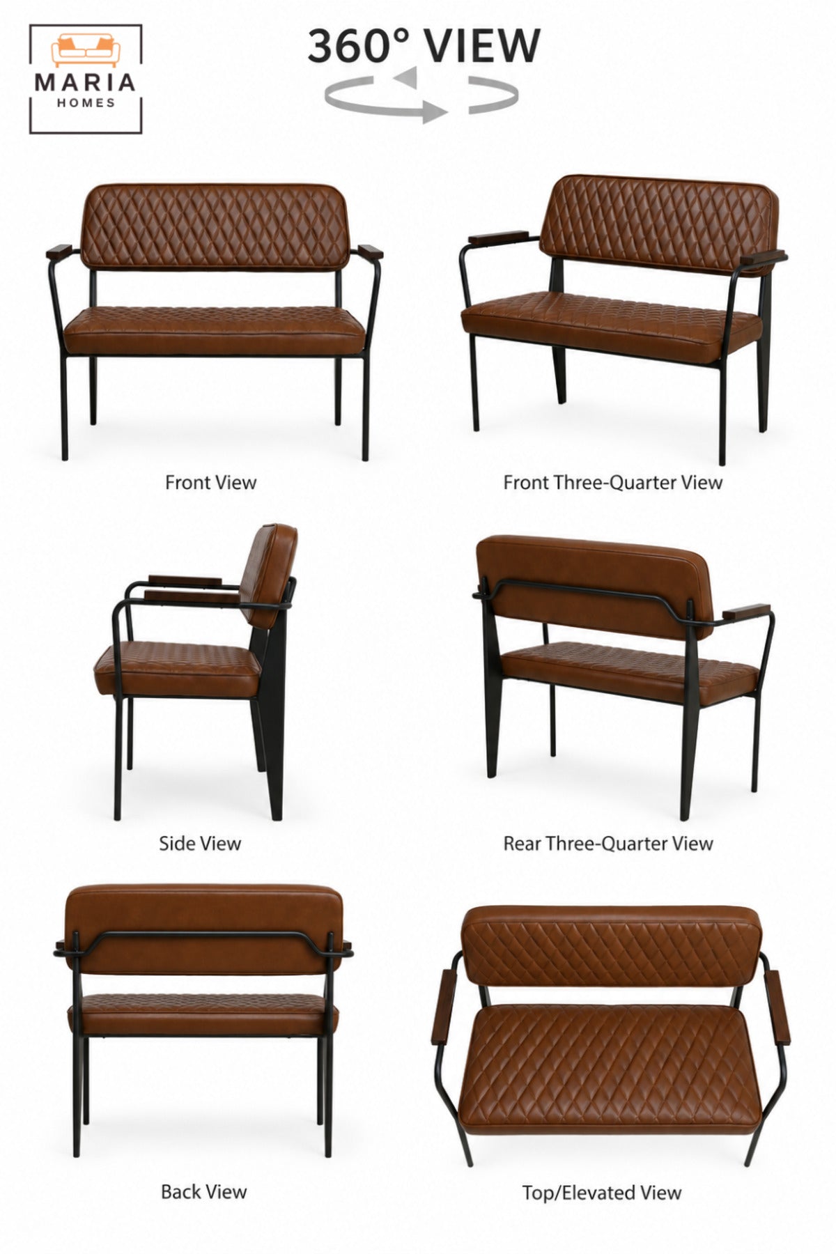 Modern 2 Seater Office Waiting Bench with Quilted Upholstery, Armrests and Sturdy Frame for Reception, Lounge, Meeting Room & Guest Area