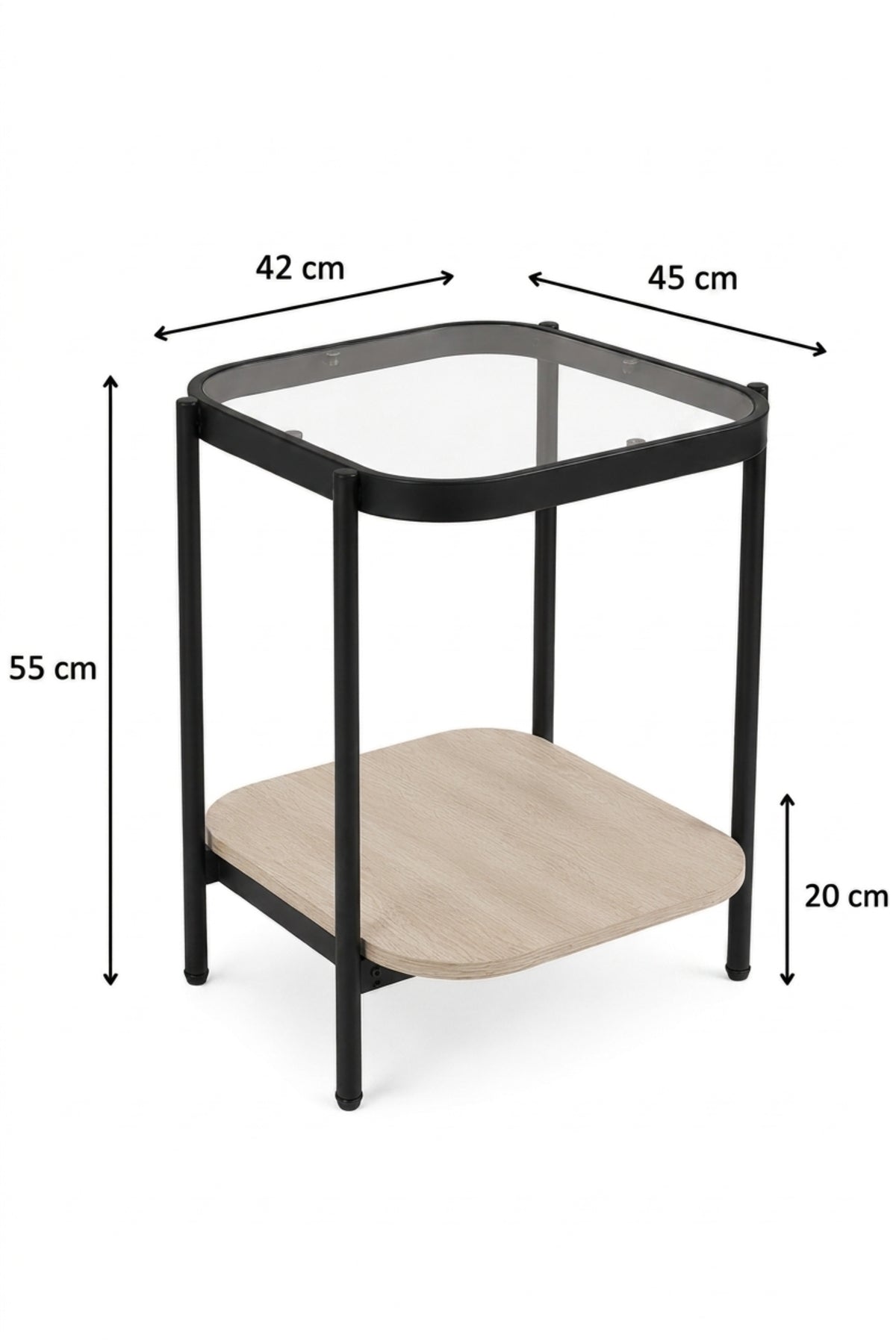 Modern Glass Side Table with Storage Shelf √ê Contemporary End Table with Black Metal Frame and Wood Shelf