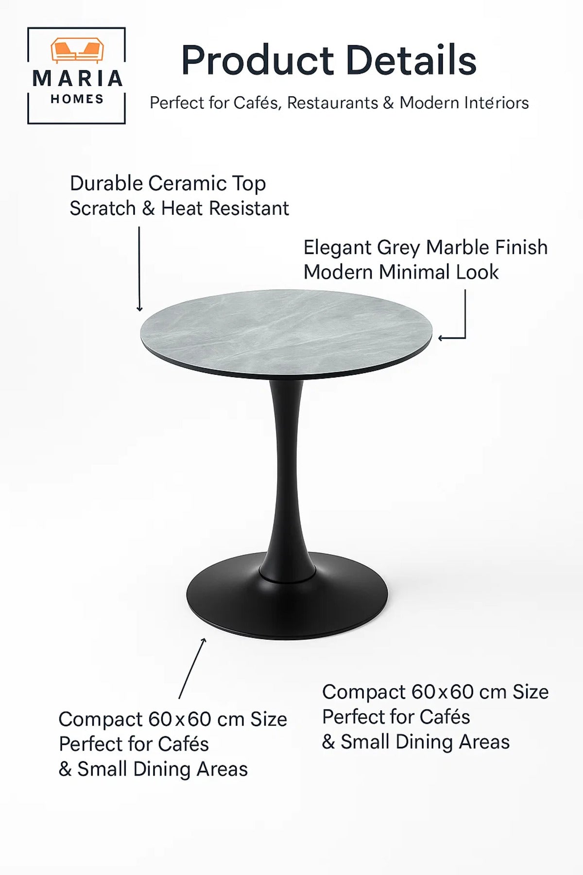 Round Grey Marble Dining Table √ê Modern Caf≈Ω, Restaurant, Office & Home Metal Furniture 60_60 cm