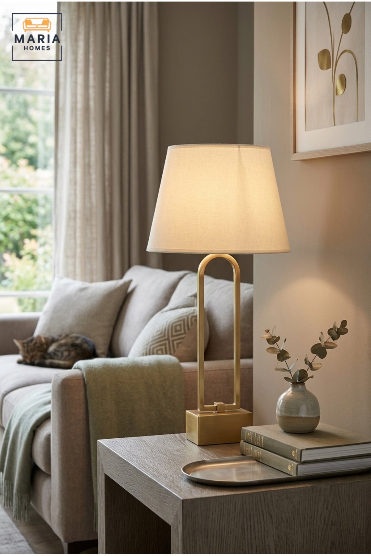 Modern Open Frame Table Lamp with White Fabric Shade, Antique Gold Tone Finish and Geometric Base for Bedroom, Living Room, Office, Hotel and Bedside Décor