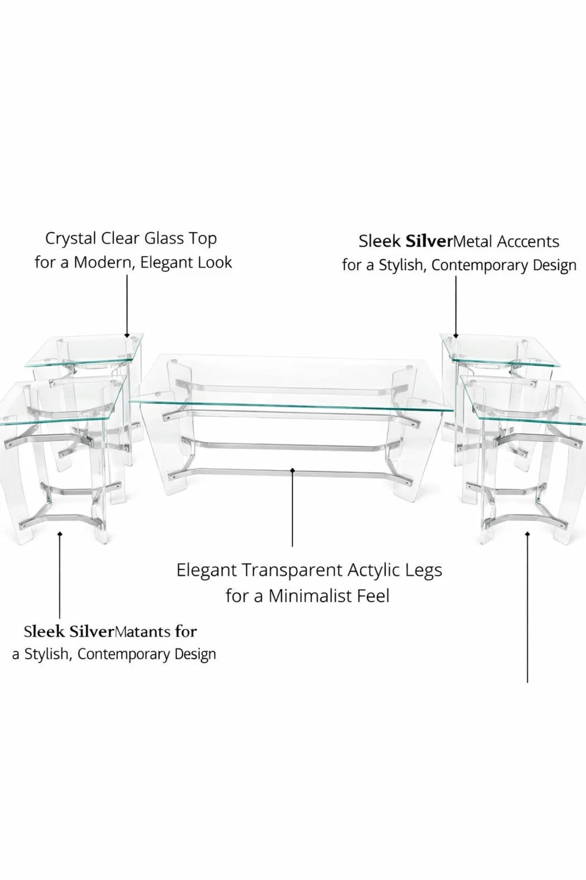 Sleek 5-Piece Glass Coffee Table Set with Silver Acrylic Base √ê Modern Living Room Furniture