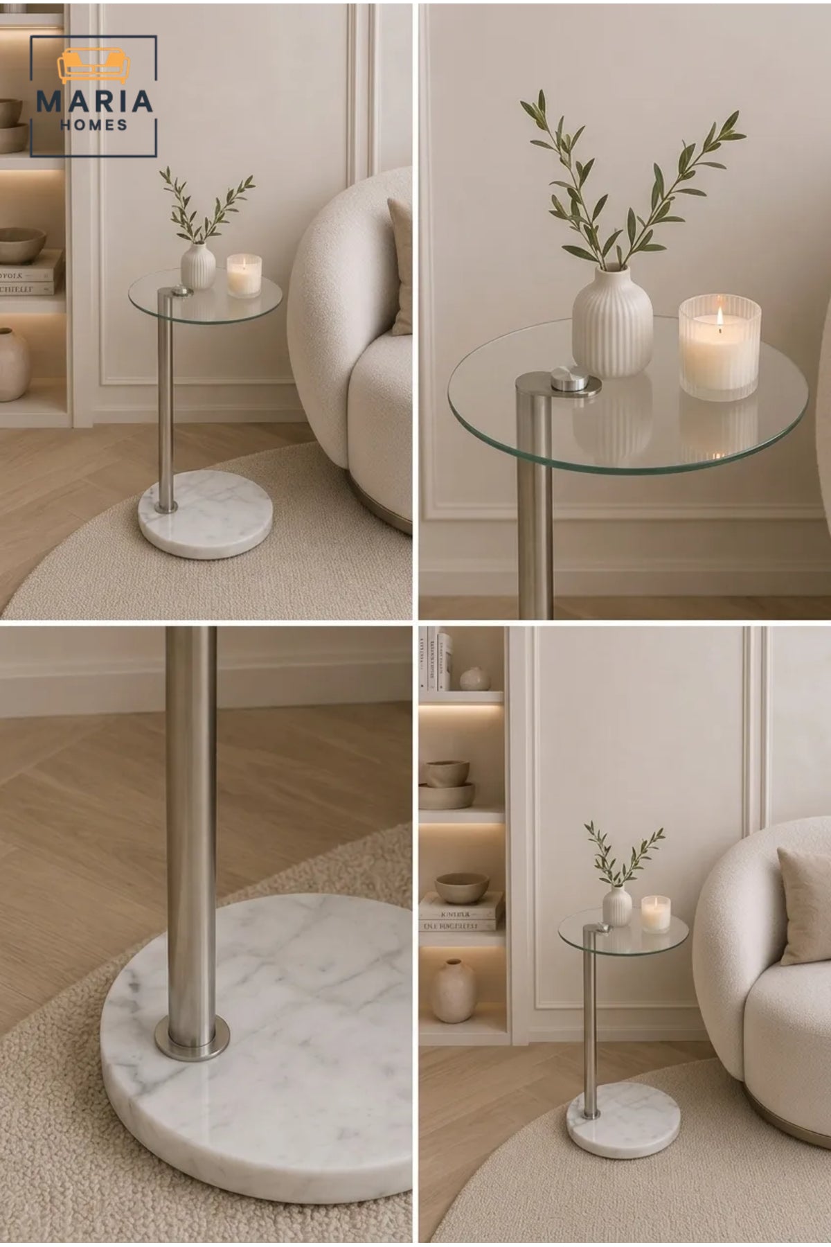 Modern Round Glass Side Table with White Marble Base and Gold Metal Frame √ê Luxury Accent End Table for Living Room, Bedroom & Lounge