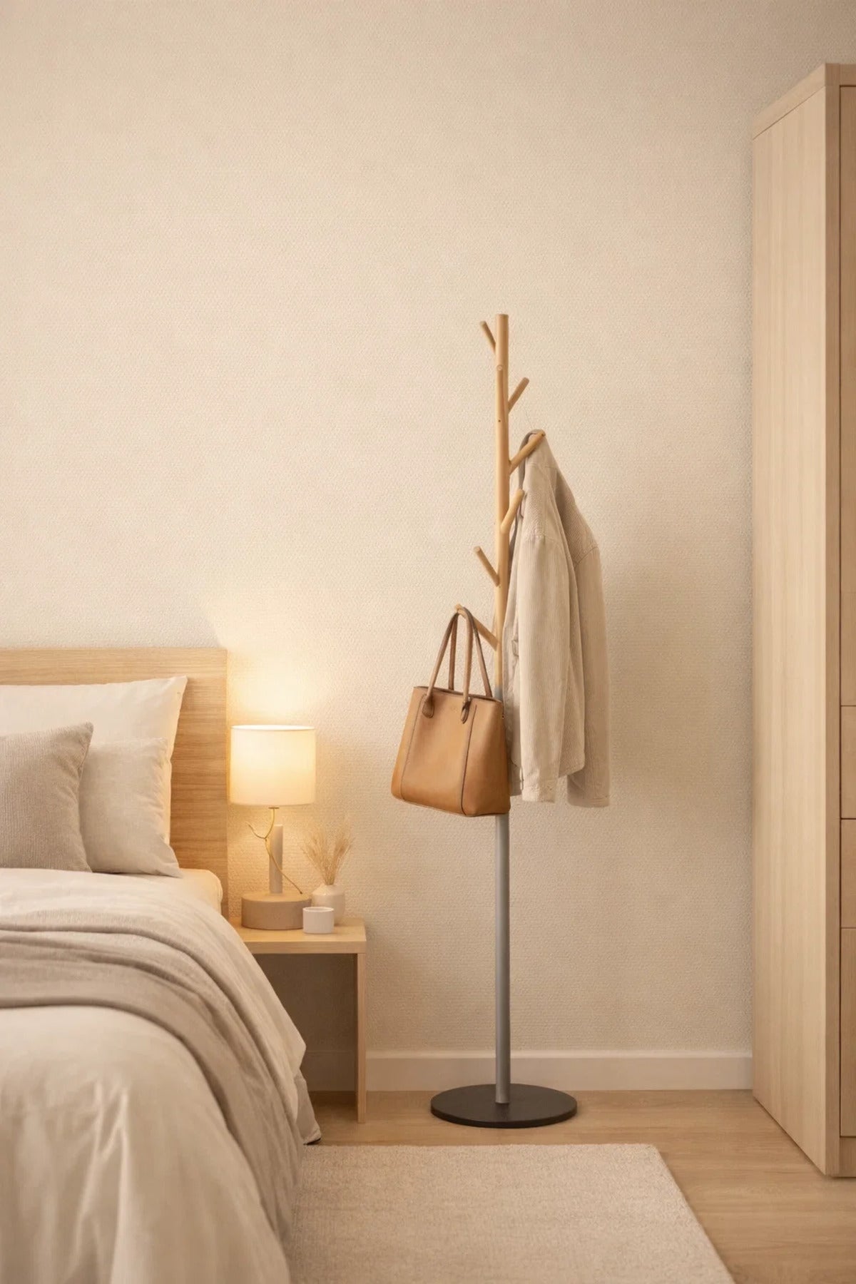Minimalist Nordic Style Wooden and Metal Coat Rack Stand Floor Hanger for Jackets Hats Bags Clothes
