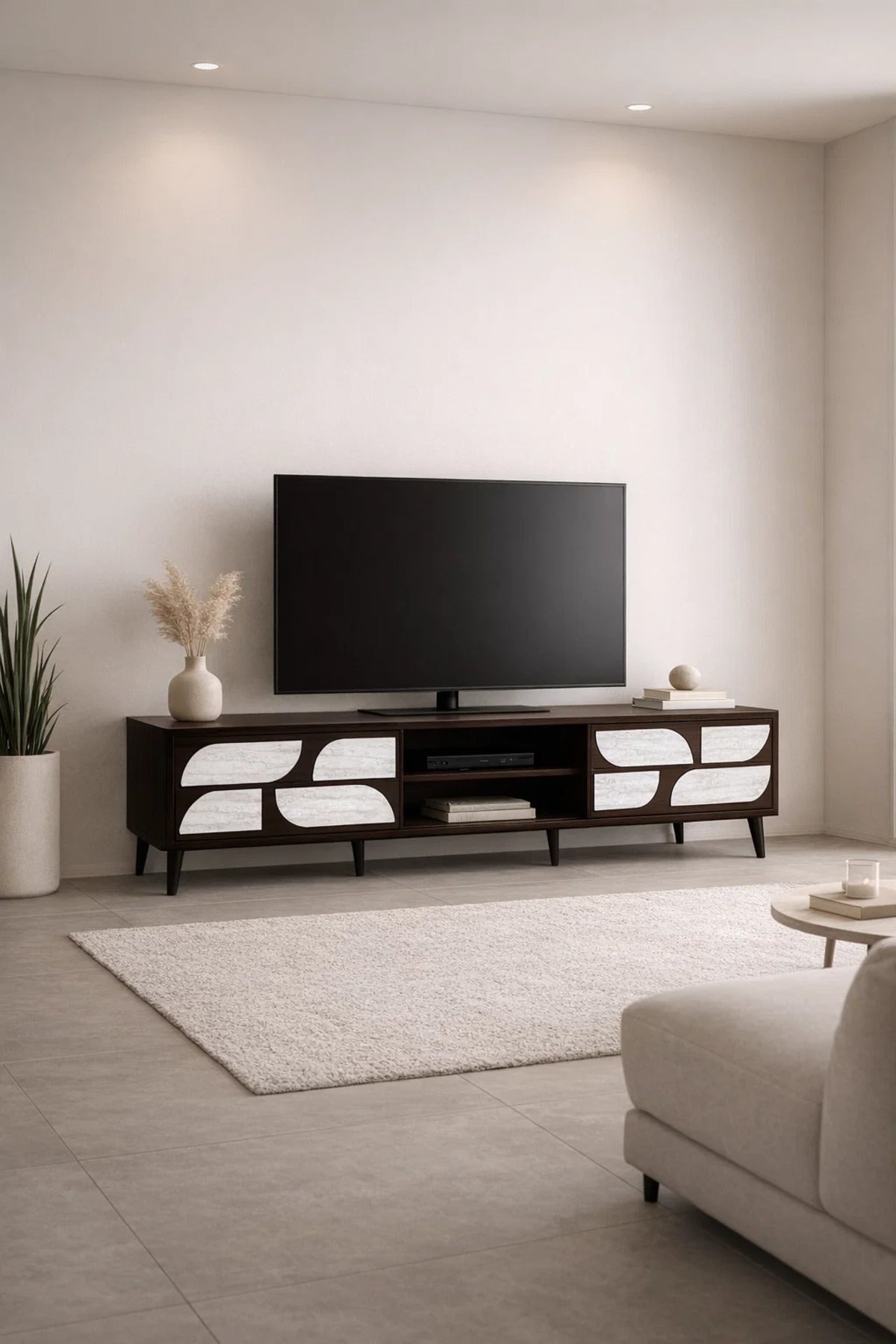 Premium 180cm TV Stand Media Unit with Artistic White Door Panels and Open Shelf for Living Room