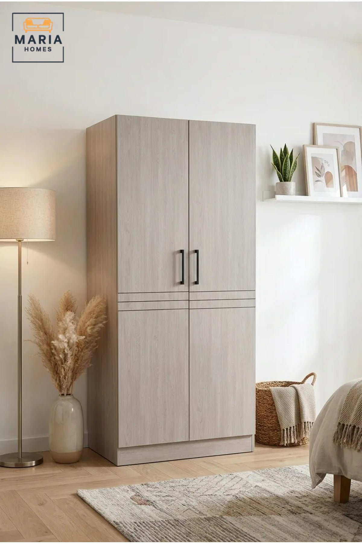 Modern 2-Door Wooden Wardrobe with Hanging Rail and Storage Shelves, Compact Freestanding Closet for Bedroom, Guest Room and Apartment