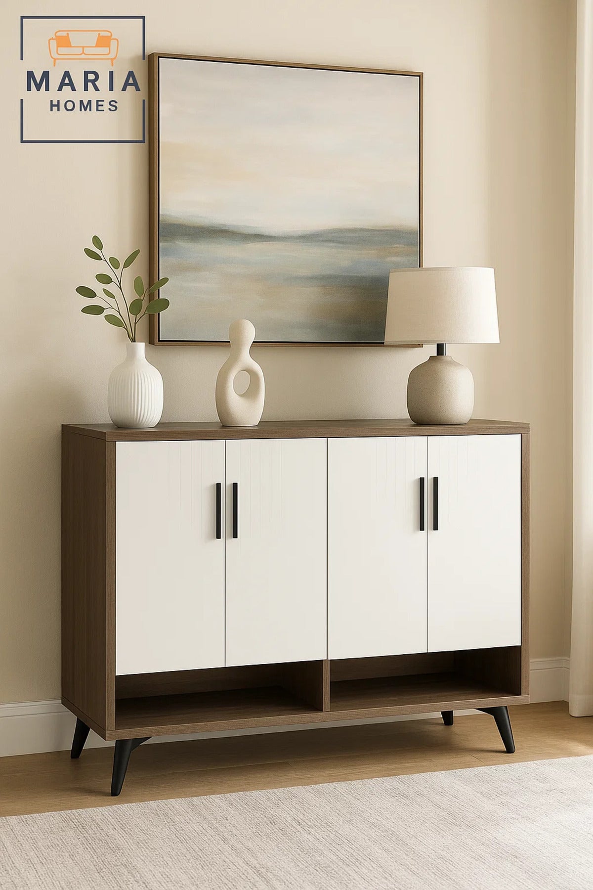 Modern 4-Door White Shoe Rack Cabinet with Open Storage Ð Stylish Wooden Shoe Organizer