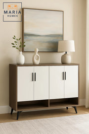 Modern 4-Door White Shoe Rack Cabinet with Open Storage Ð Stylish Wooden Shoe Organizer