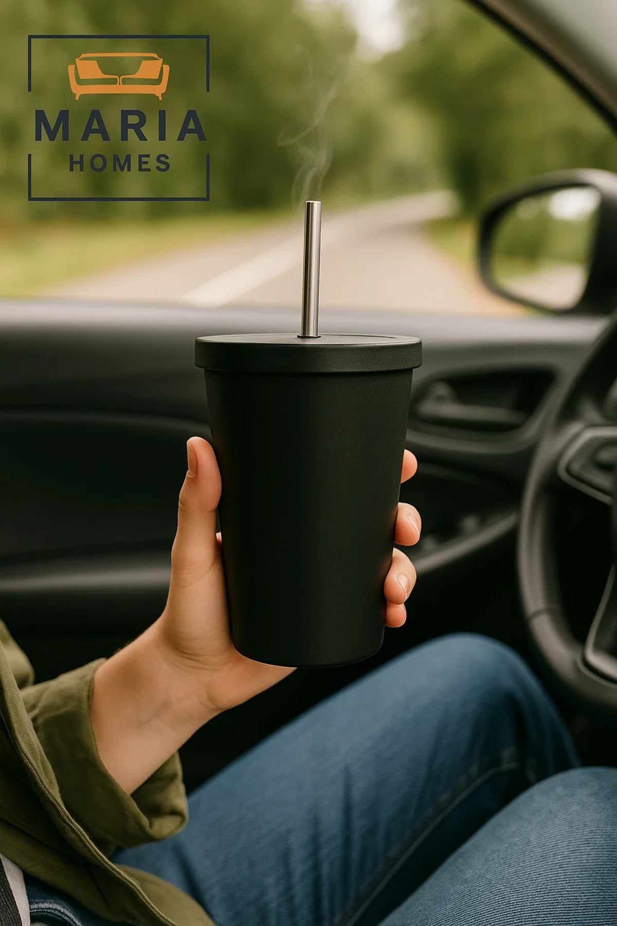 Matte Black Stainless Steel Tumbler with Lid and Straw