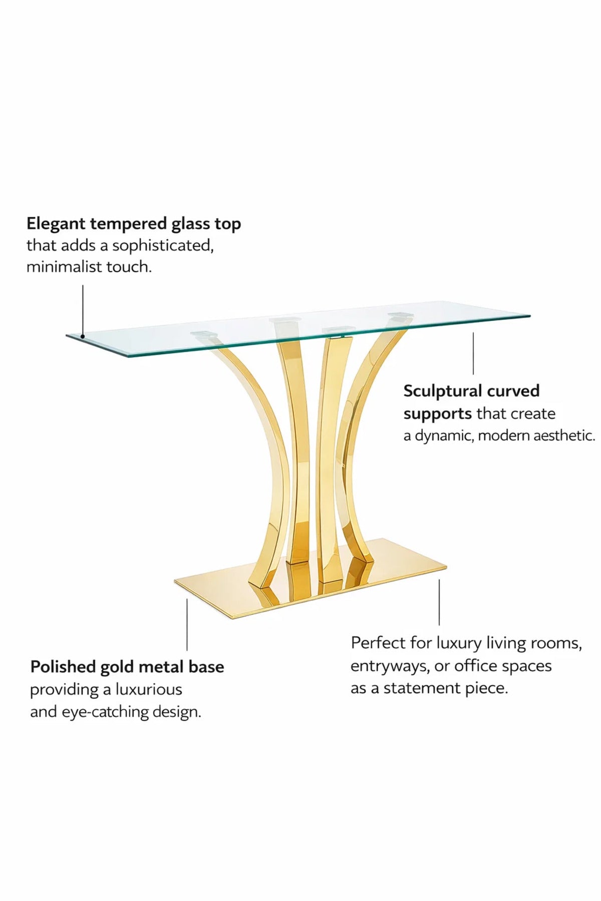 Luxury Gold Metal Console Table with Glass Top Modern Entryway Furniture for Hallway Living Room
