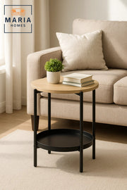 Modern Wood Side Table √ê Round Coffee Table with Black Storage Shelf 40_40_55 cm