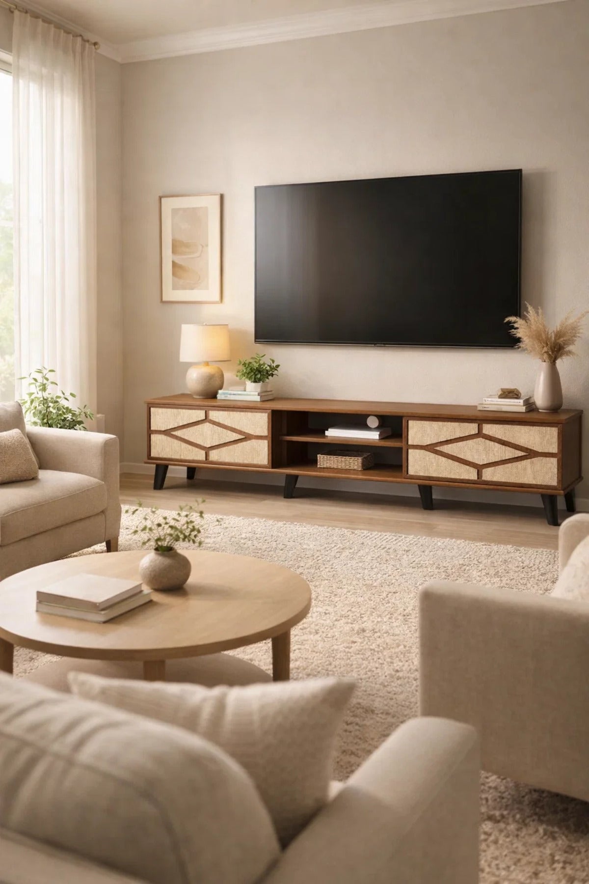 Modern Wooden TV Stand Dark Brown with Beige Stone Pattern 160 x 40 x 43 cm