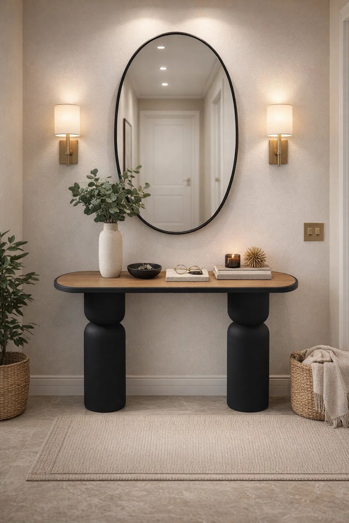 Contemporary Wood Top Console Table with Sculptural Black Legs for Modern Living Rooms 120cm