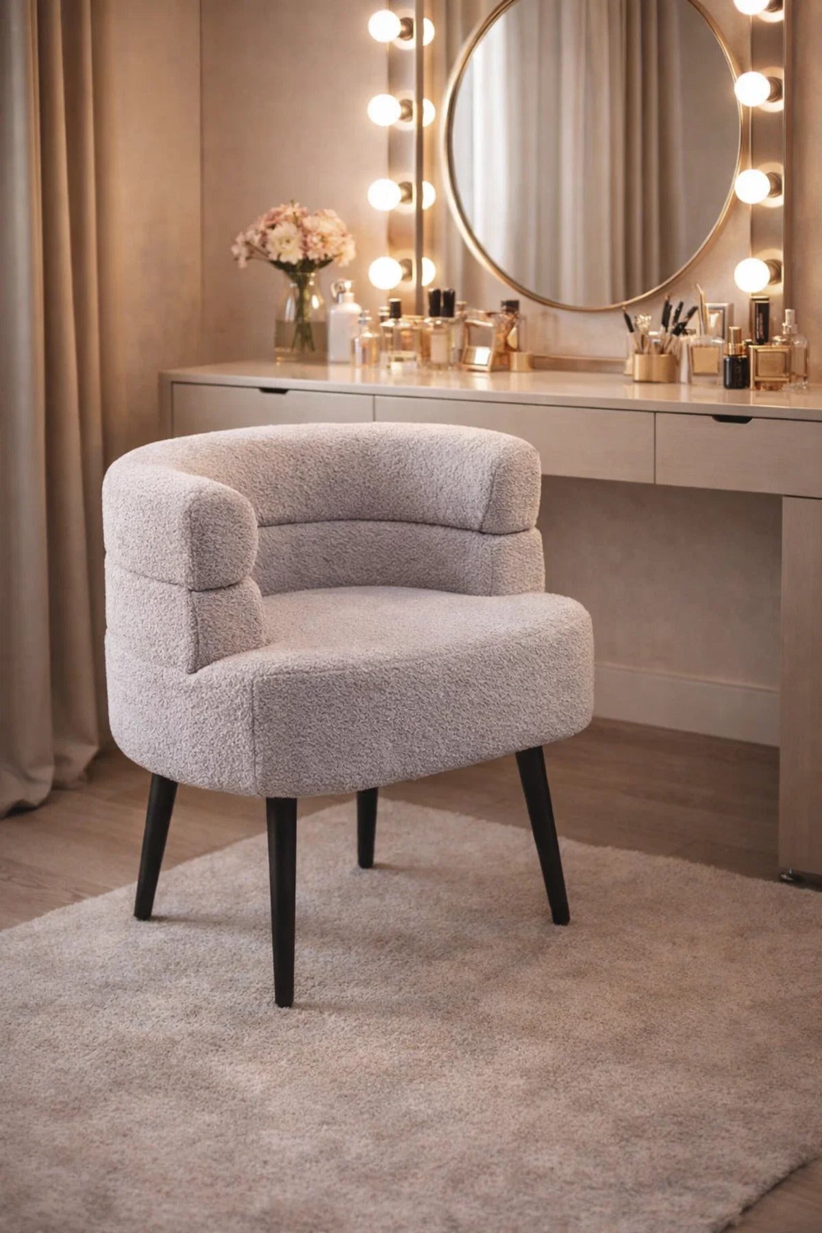 Premium Light Grey Boucle Fabric Armchair with Curved Back Design for Modern Home Living Room