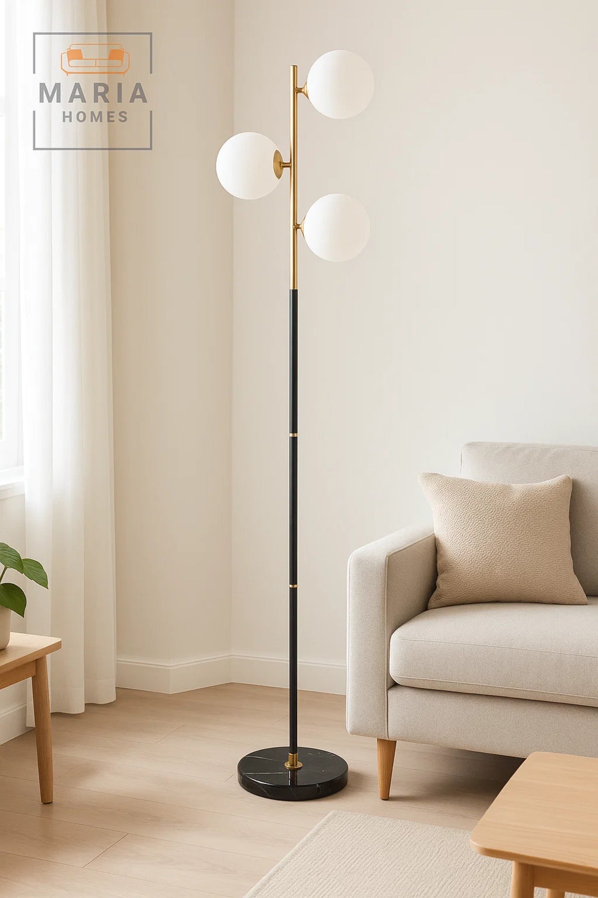 Black and Gold Floor Lamp with Three Globe Lights