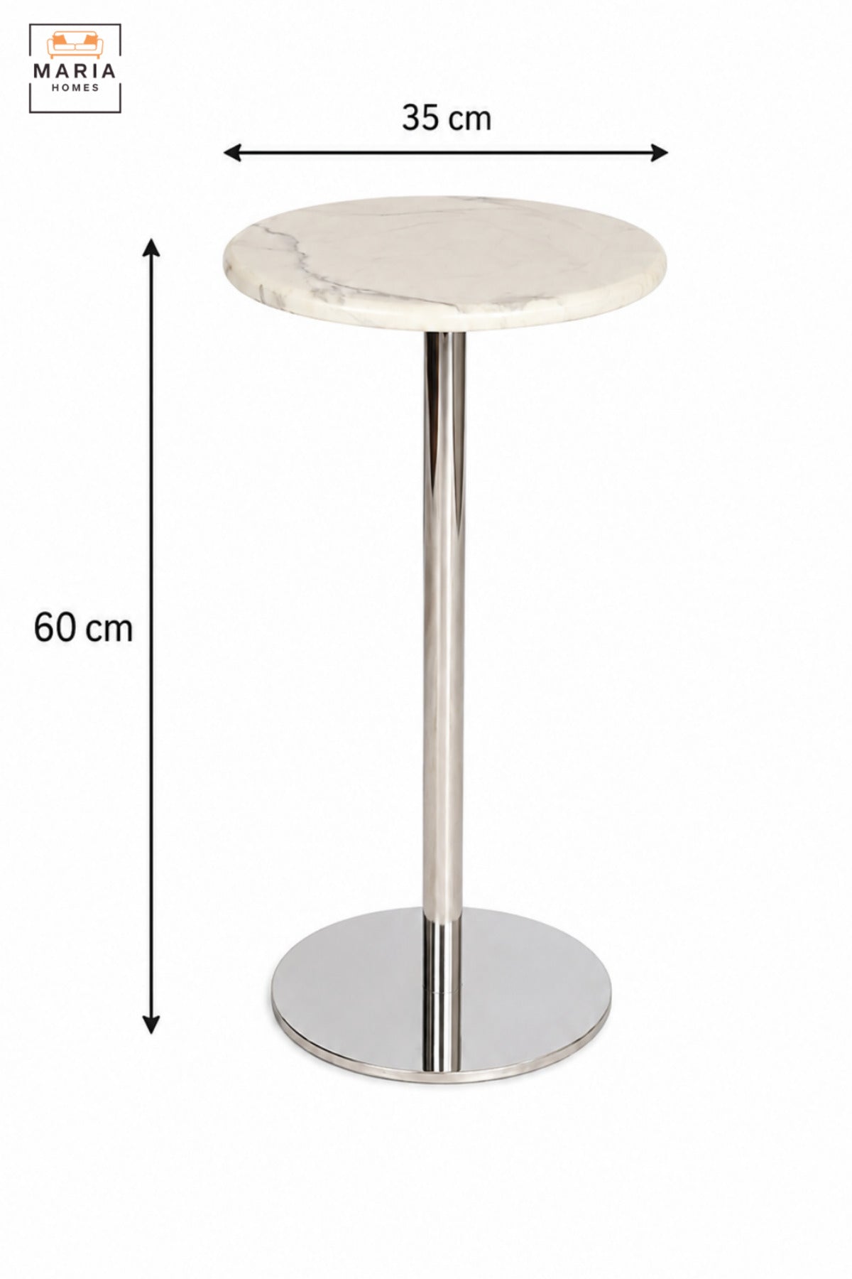 Modern Round Café Table with White Top, Polished Silver Pedestal Base & Minimalist Design, Bistro Table for Coffee Shop Restaurant Dining Area, 60 x 35 CM