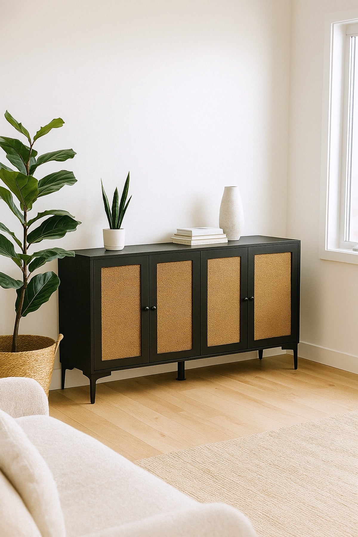 Black Rattan Console Table 160_40_85 cm Ð Modern Wooden 4-Door Storage Cabinet with Cane Doors