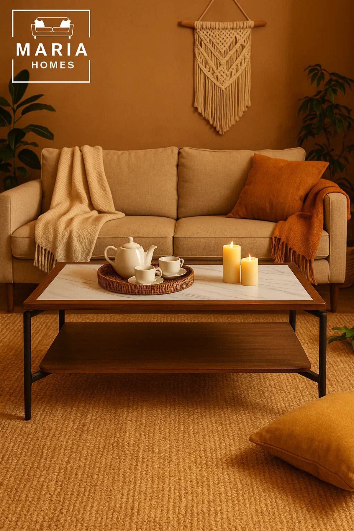 Modern Center Table 130x60x45cm Ð Marble Top Look with Wooden Shelf and Metal Frame for Living Room