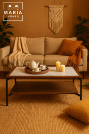 Modern Center Table 130x60x45cm Ð Marble Top Look with Wooden Shelf and Metal Frame for Living Room