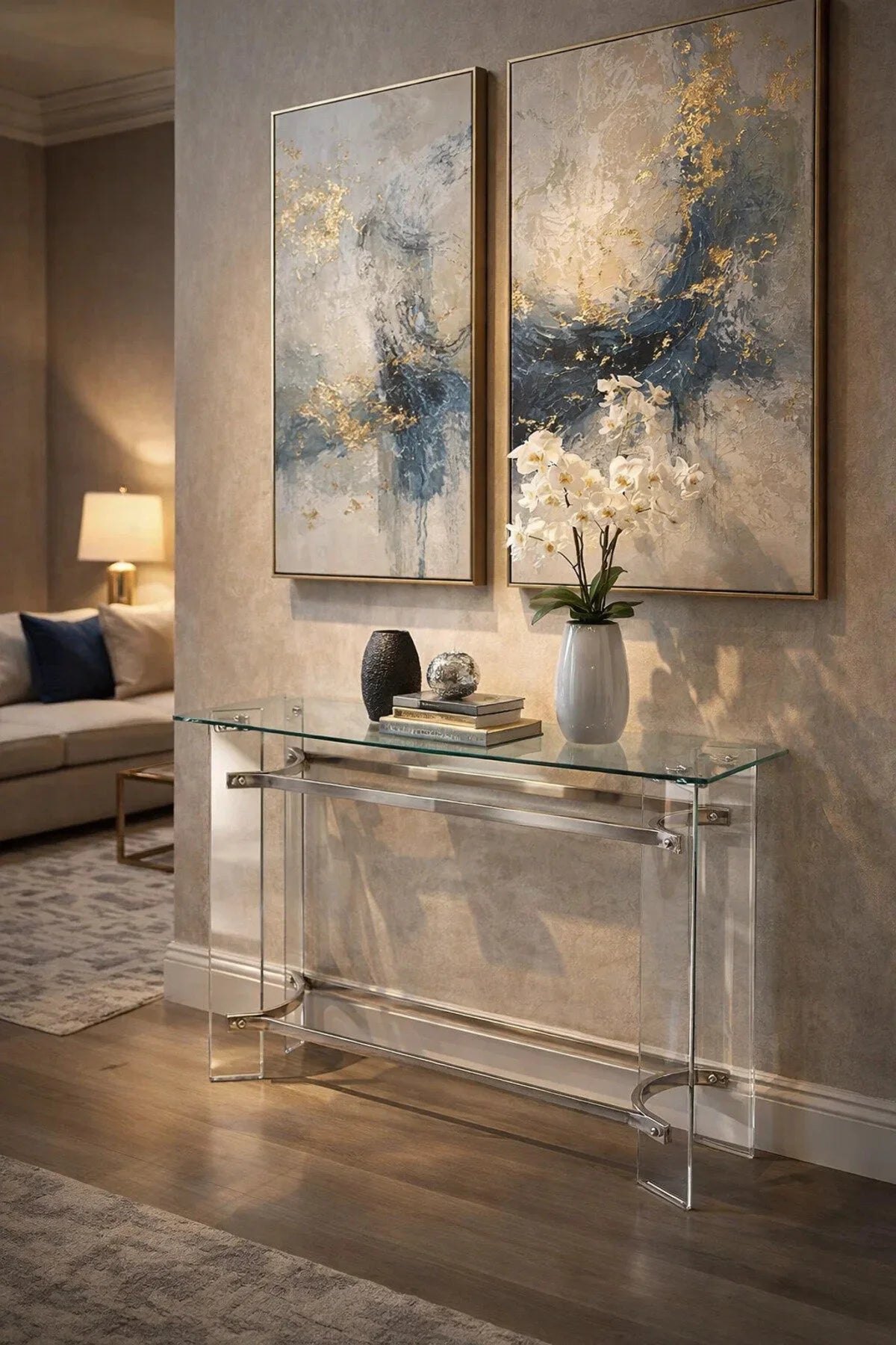 Luxury Clear Acrylic Console Table Chrome Silver Metal Frame Tempered Glass Top Hallway 120cm