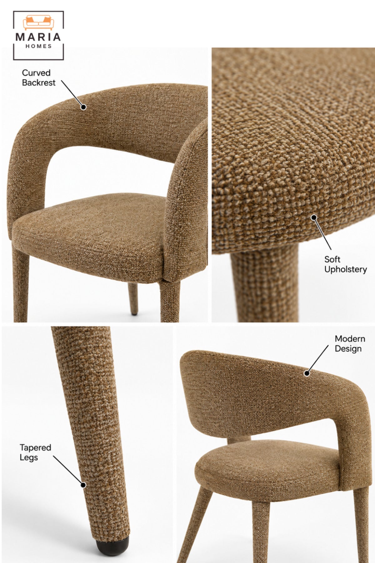 Modern Brown Upholstered Dining Chair with Curved Open Backrest, Padded Seat and Contemporary Design for Dining Room, Kitchen, Café & Restaurant