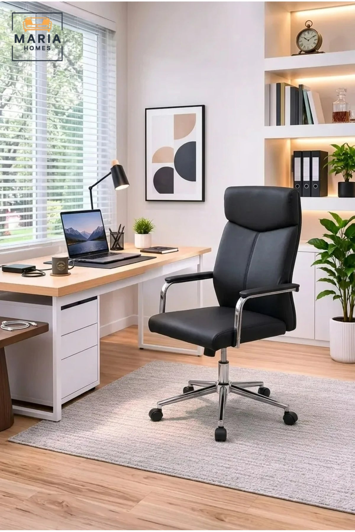Executive Office Chair with High Backrest, Padded Armrests, Adjustable Swivel Seat and Wheels for Home Office, Study and Meeting Room