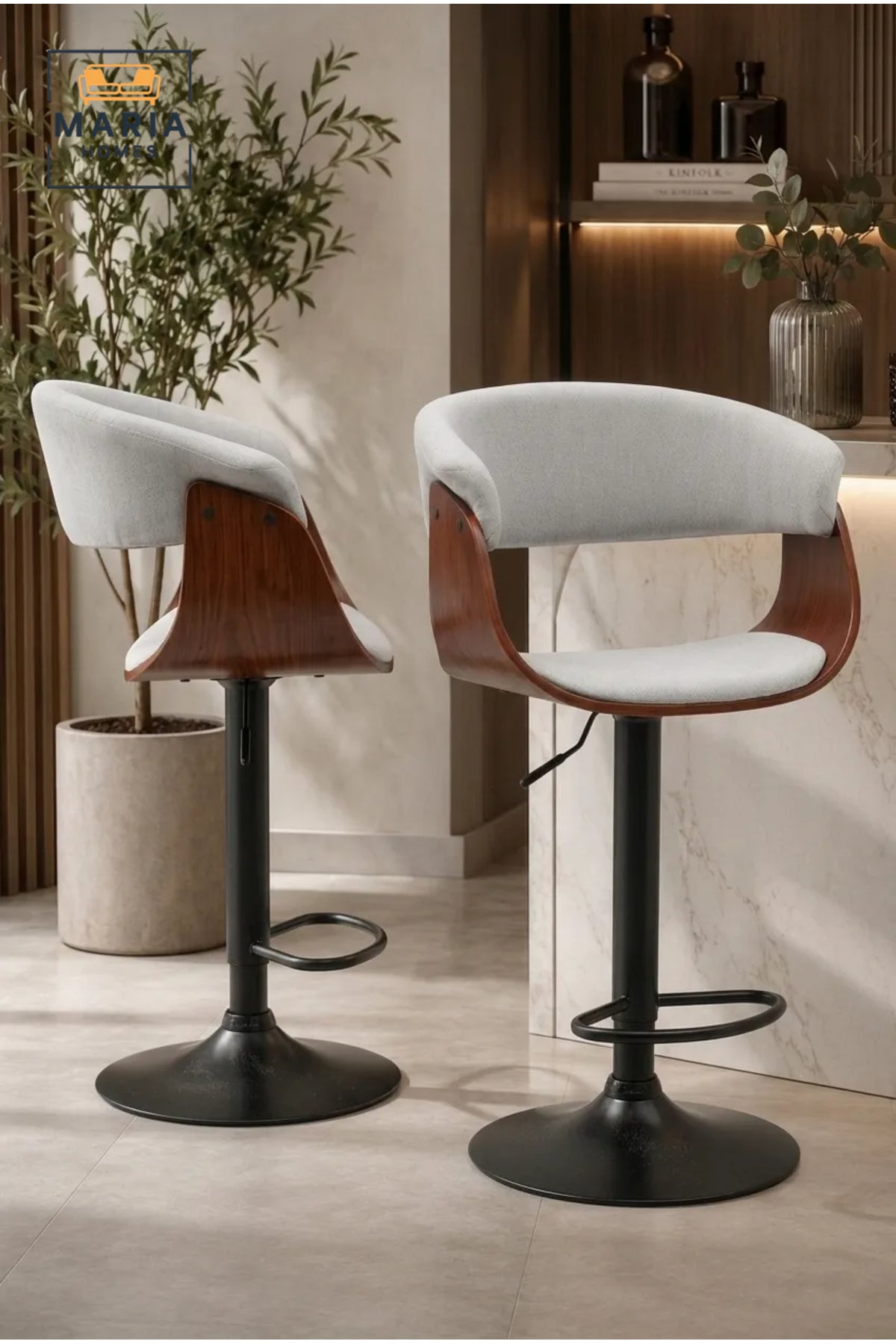 Modern Adjustable Bar Stool with Upholstered Seat, Curved Backrest and Wood Accent Frame