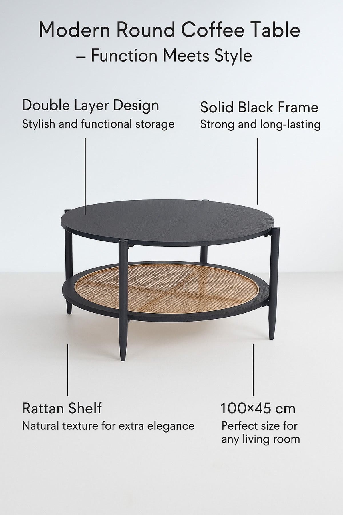 Round Black Coffee Table with Rattan Shelf Ð Modern Wooden Center Table for Living Room 100_45 cm