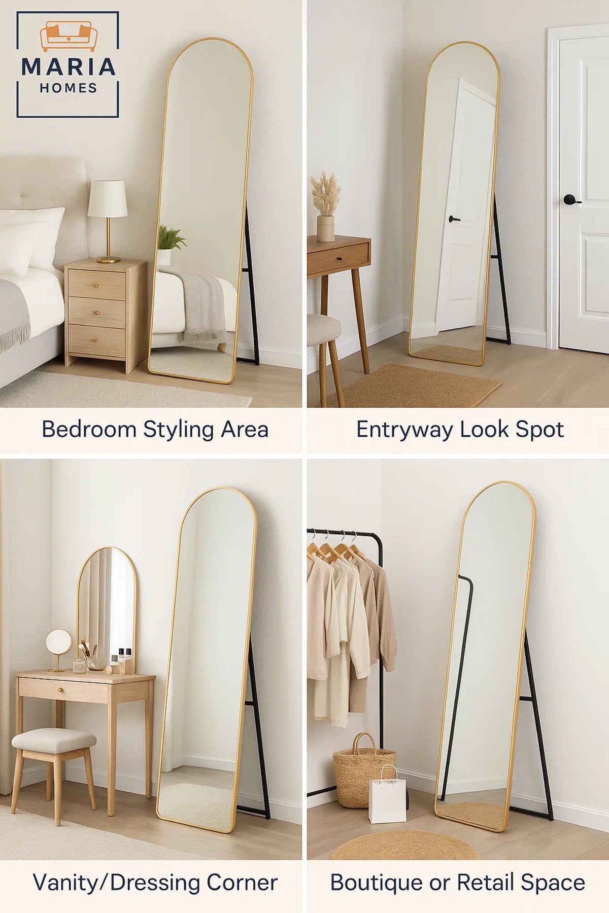 vModern Golden Frame Full-Length Mirror 160x40cm Arched Floor Standing Mirror for Bedroom