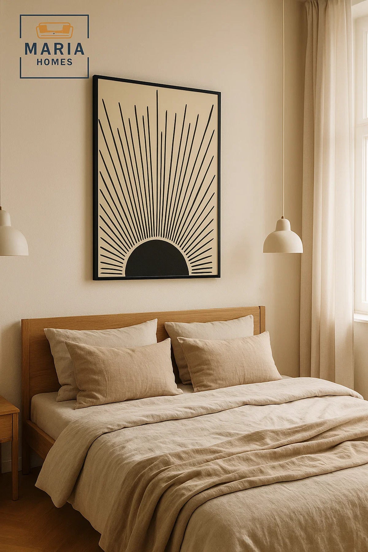Framed Abstract Wall Art Ð Rising Sunburst Design in Black on Beige and Size 123*83 cm