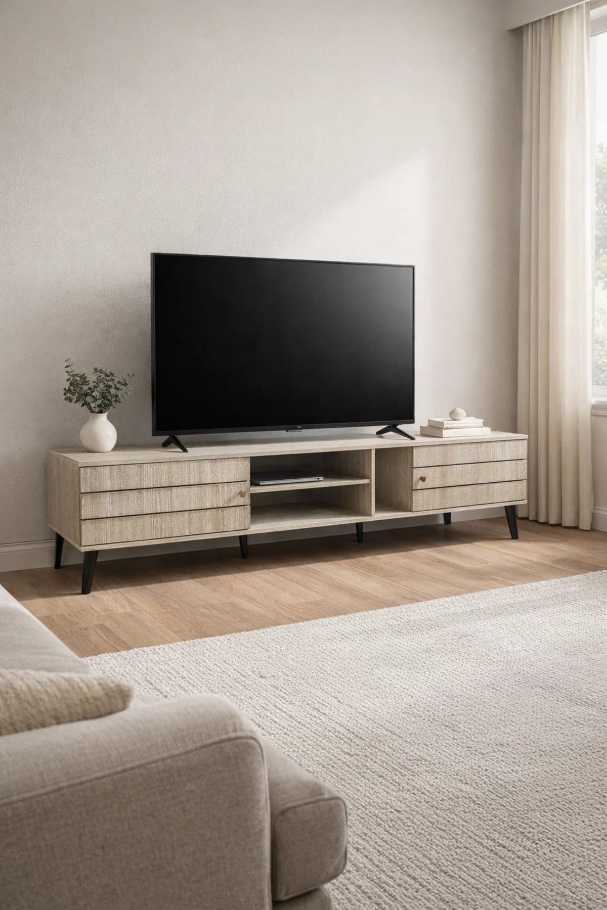 Modern Beige TV Unit 200cm Wide Media Stand Console Table with Storage for Living Room Design