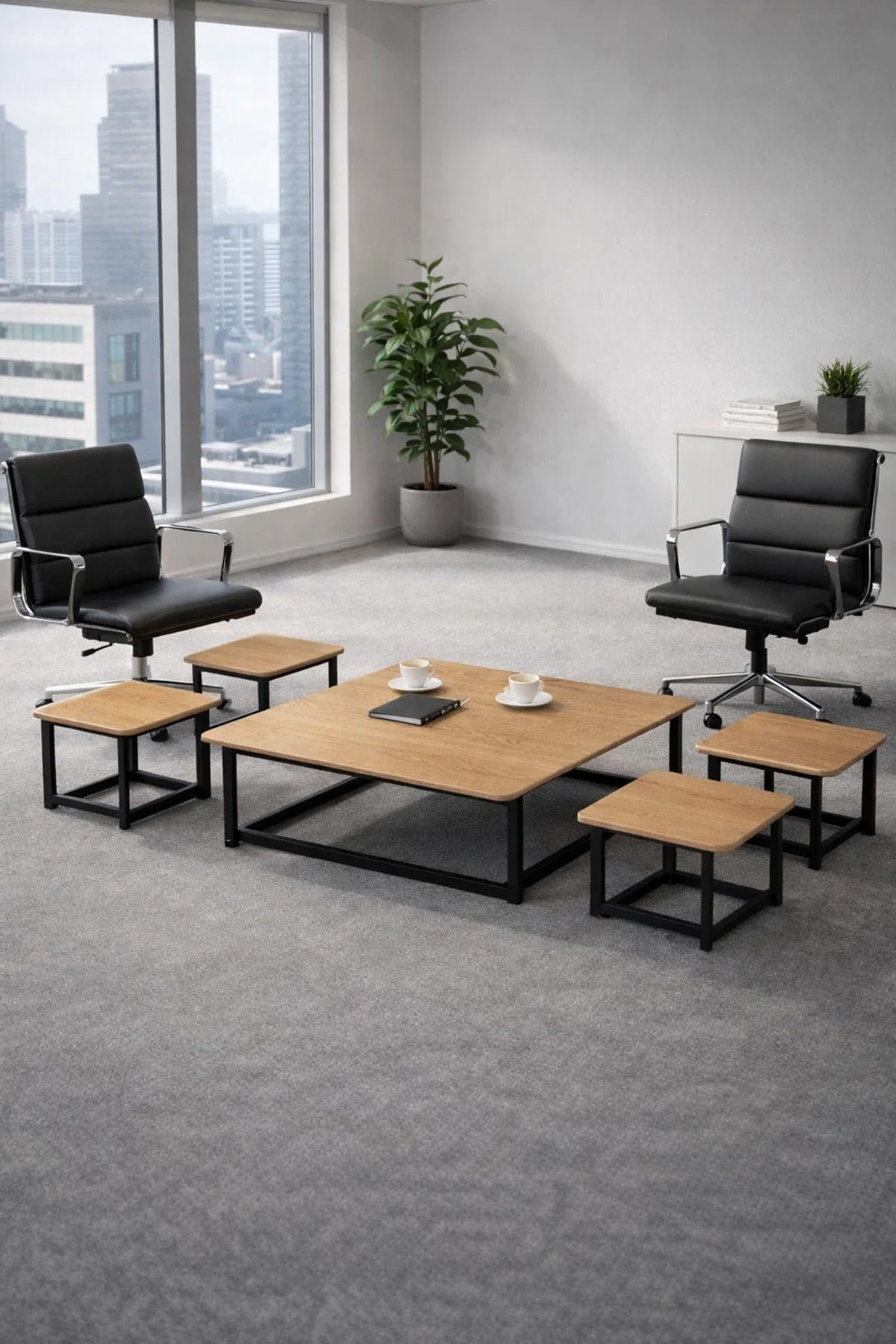 Modern 5-Piece Low Center Table Set Wood Top Black Metal Frame Floor Seating Coffee Table Unit