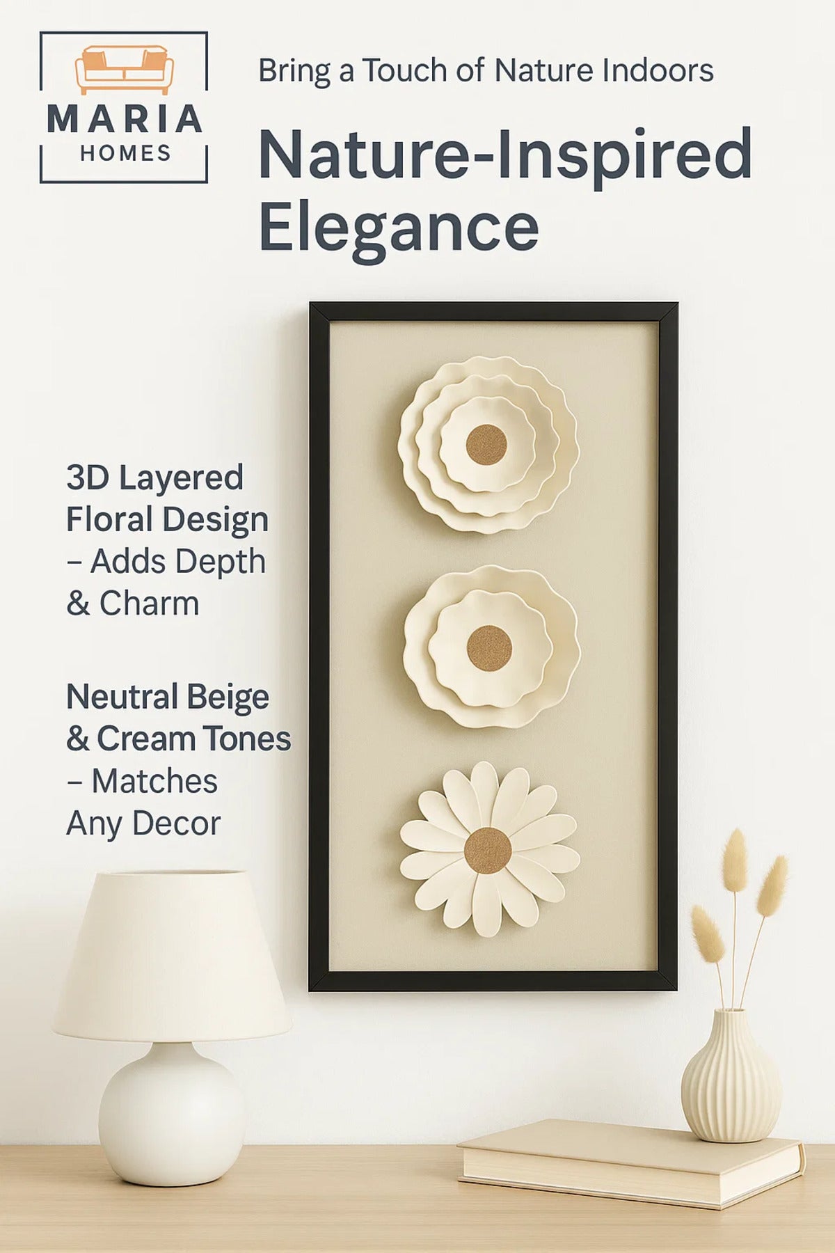 Framed 3D Floral Wall Art with Triple White Blooms on Linen Background-size 35*80*3 CM