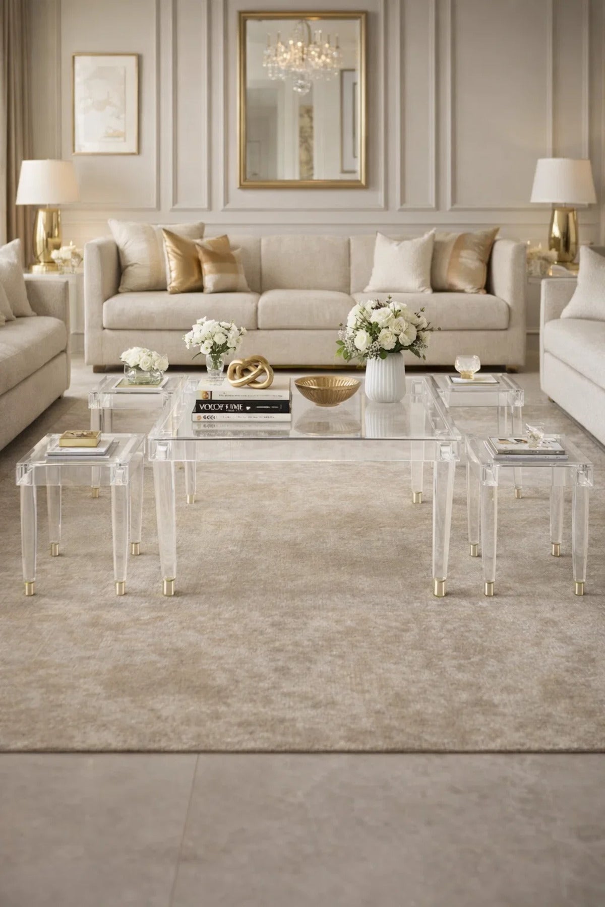 Modern Clear Acrylic Console Table Set 1+4 Square Coffee & Side Tables for Luxury Living Room