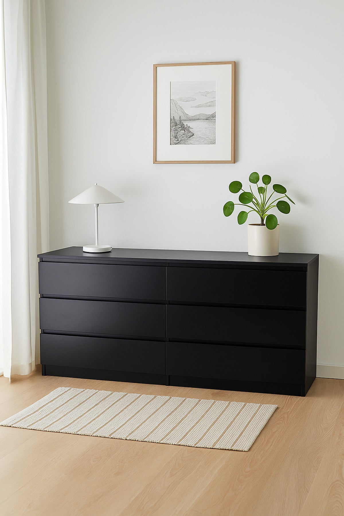 Black Wooden Drawer Cabinet 160_48_79 cm Ð Modern 6-Drawer Dresser for Bedroom, Living Room & Office