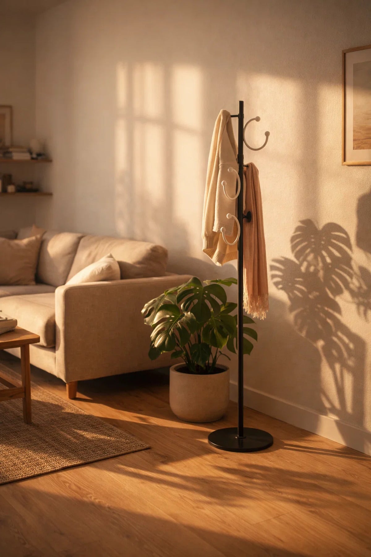 Elegant Floor Standing Metal Coat Hanger Rack with Modern Circular Hooks for Home and Office Use