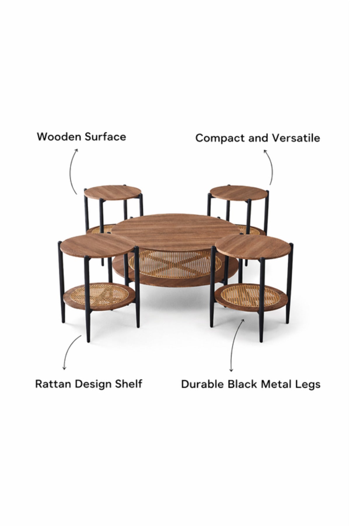 Luxury 5-Piece Round Coffee Table Set Brown Wood Finish with Rattan Shelf for Modern Living Room