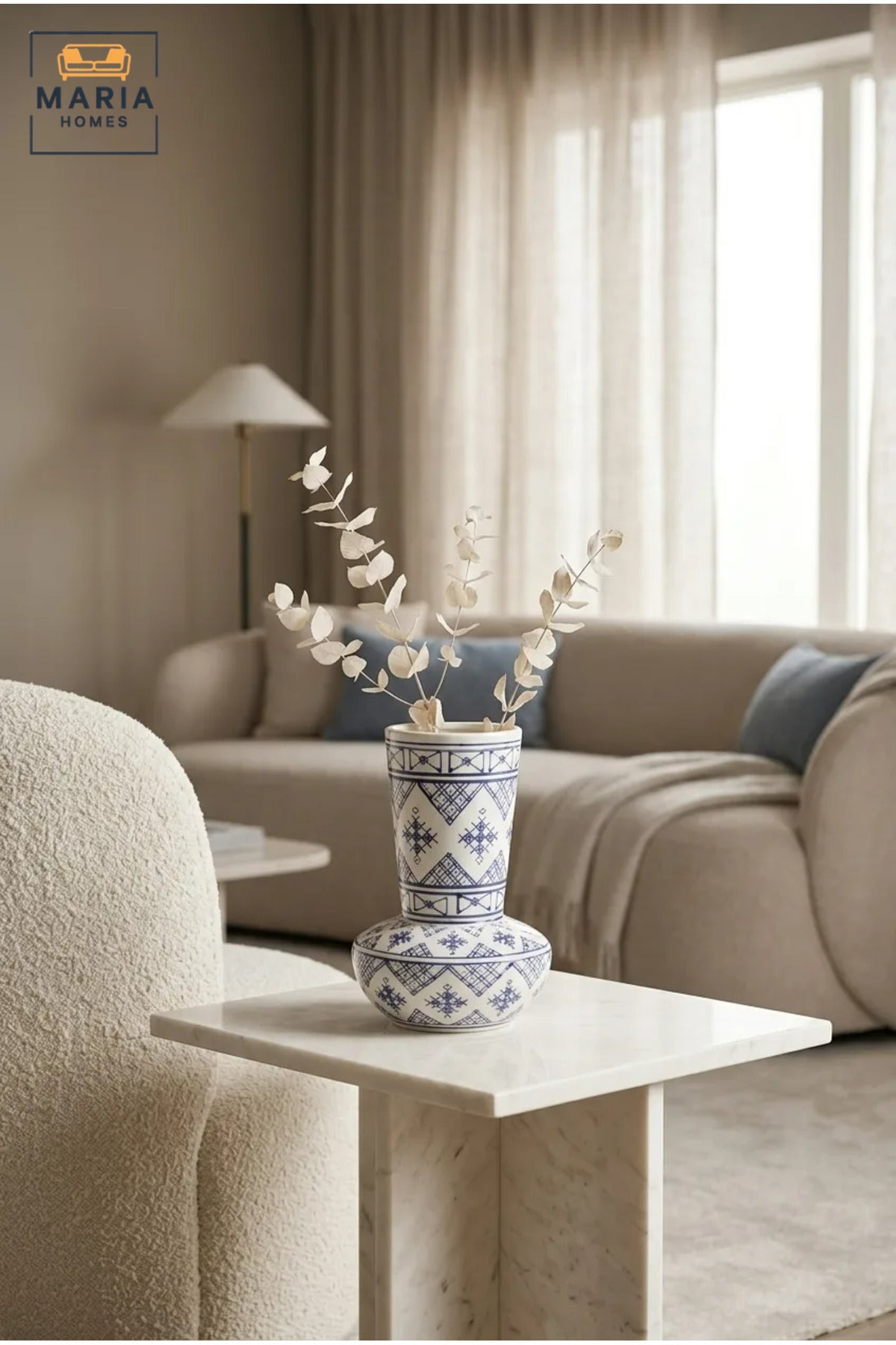 Blue and White Patterned Decorative Vase, Modern Ceramic Flower Holder with Rounded Base for Living Room, Bedroom, Office, Shelf and Table Décor
