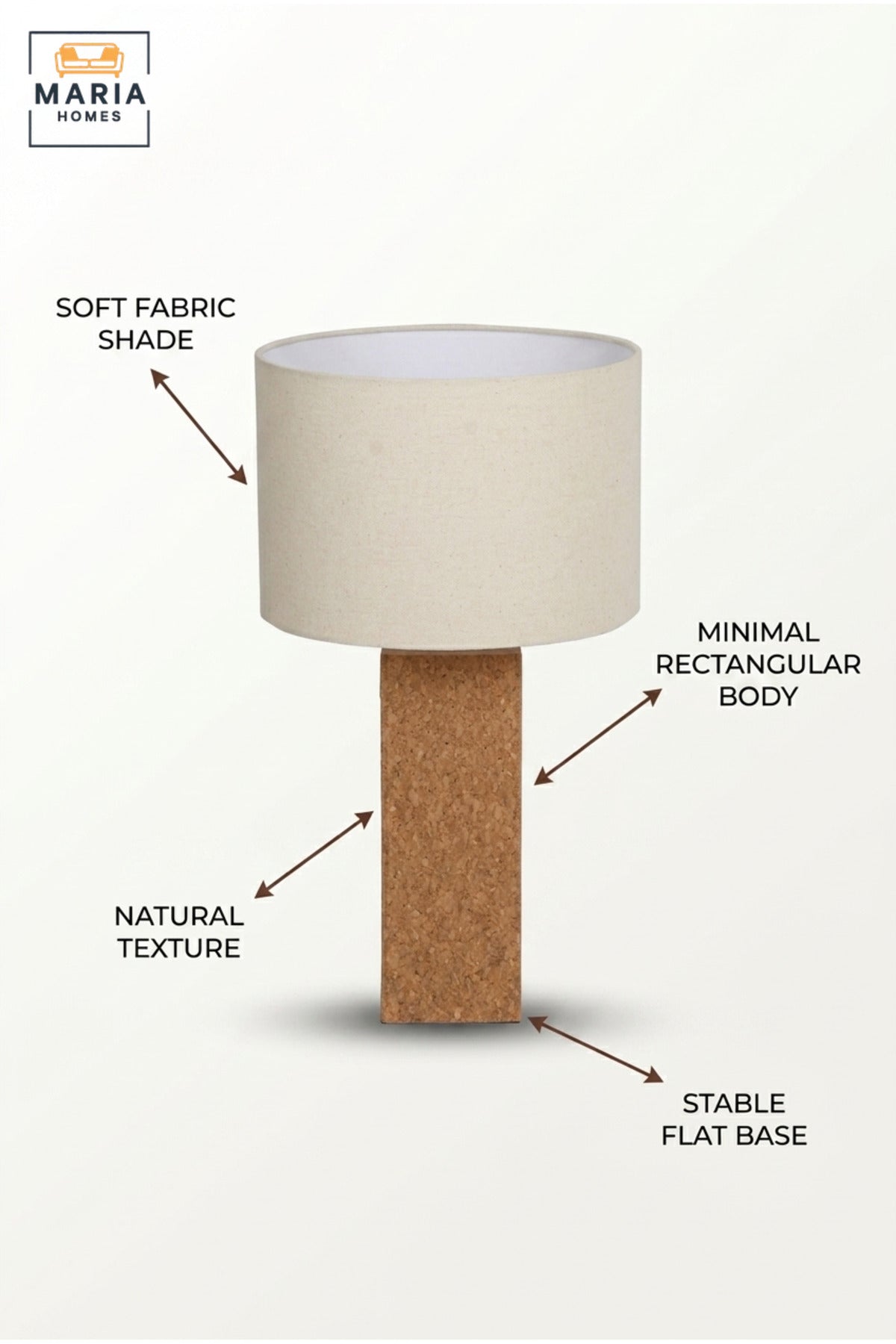 Modern Cork Table Lamp with Beige Drum Fabric Shade and Slim Rectangular Textured Base for Bedroom, Living Room, Office, Hotel and Bedside Décor